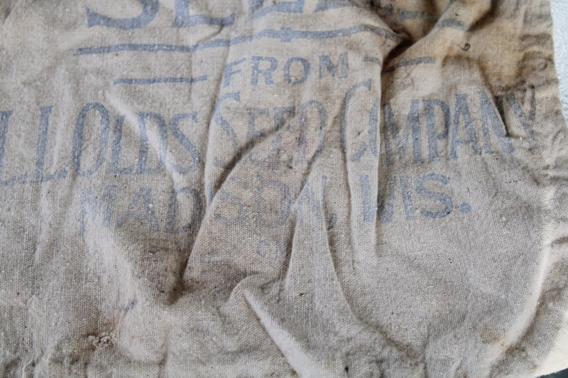 vintage cotton feed sacks, seed grain bags printed Old Gold Brand, Olds Seeds Madison Wisconsin