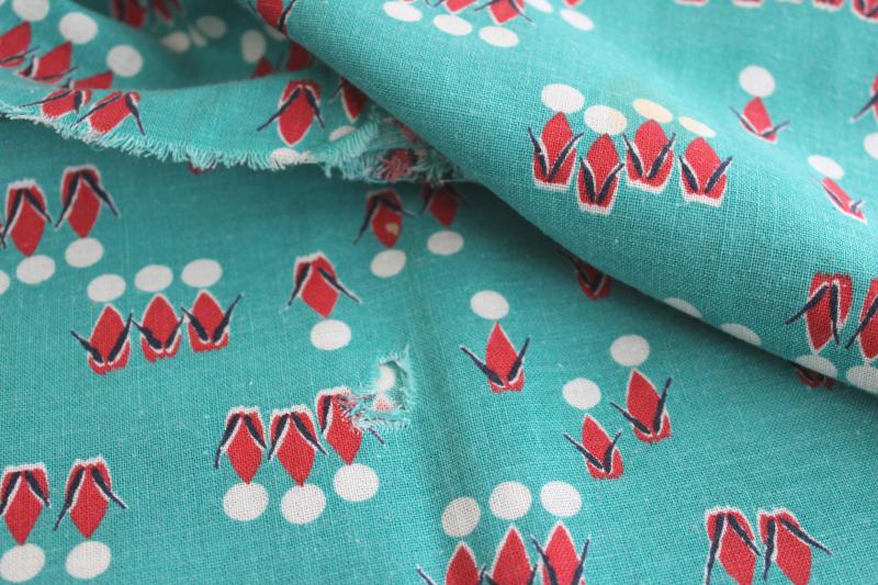 vintage cotton feedsack fabric, abstract people print jade green w/ red & white