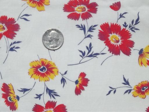 vintage cotton feedsack fabric, red & yellow floral print 1940s or 50s
