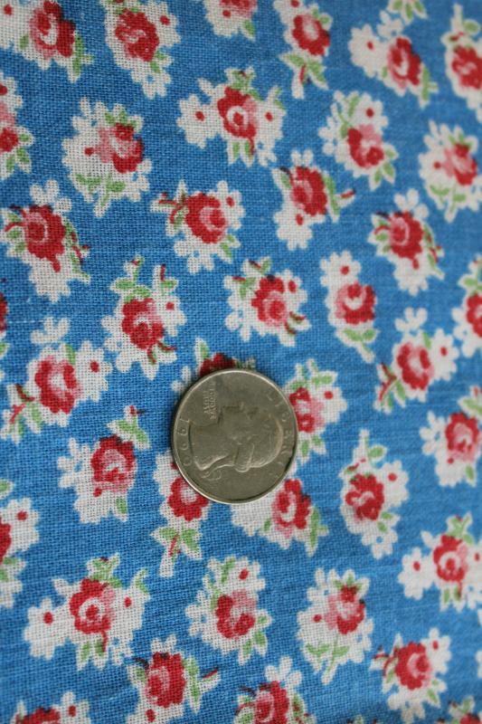 vintage cotton feedsack fabric, sky blue with red & pink roses floral tiny print
