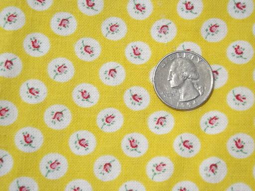 vintage cotton feedsack fabric, white dots of pink rosebuds on yellow