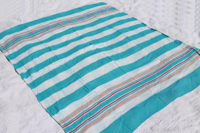 vintage cotton flannel sheet blanket, summer weight camp blanket aqua blue & red stripes