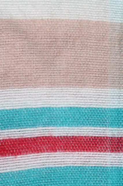 vintage cotton flannel sheet blanket, summer weight camp blanket aqua blue & red stripes
