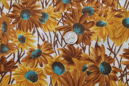 vintage cotton floral fabric, daisy print with yellow gold & turquoise flowers