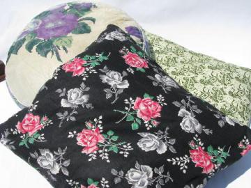 vintage cotton floral print throw pillows lot, roses on black etc.