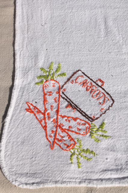 vintage cotton flour sack towels w/ embroidered garden vegetables, hand stitched embroidery