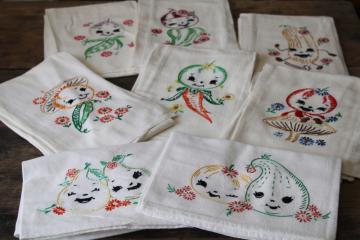 vintage cotton flour sack towels, lot of 8 kitchen towels w/ anthropomorphic vegetables