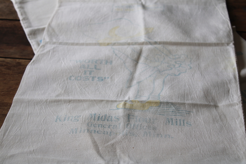 vintage cotton flour sacks w/ faded advertising graphics King Midas, Golden Link, White Daisy