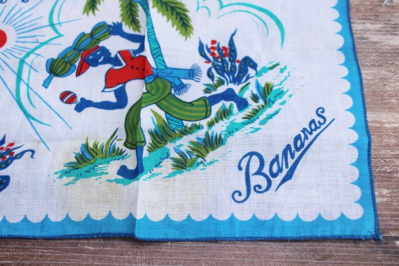 vintage cotton hanky souvenir of Jamaica Caribbean cruise, banana picking print folk art