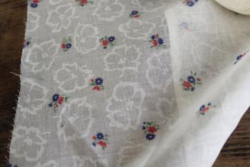 vintage cotton organdy fabric, tiny print sprig flowers on white & cream