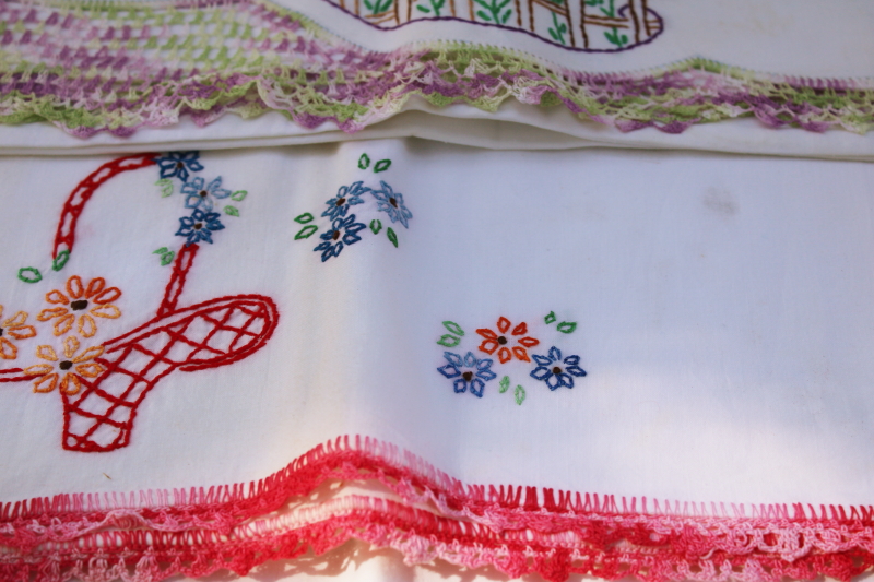 vintage cotton pillowcases w/ fancywork embroidery crochet lace edging, most singles