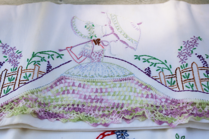 vintage cotton pillowcases w/ fancywork embroidery crochet lace edging, most singles