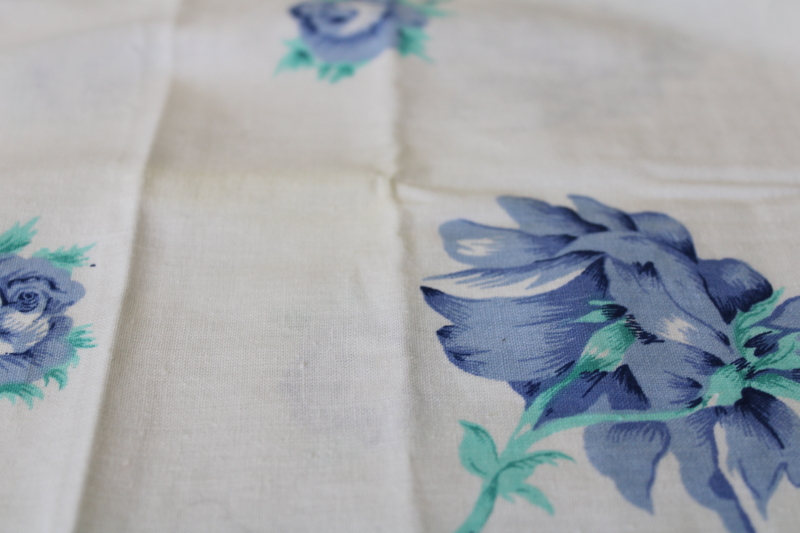 vintage cotton pillowcases pair, blue roses floral print bedding cottage chic