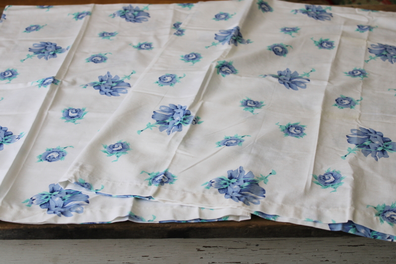 vintage cotton pillowcases pair, blue roses floral print bedding cottage chic