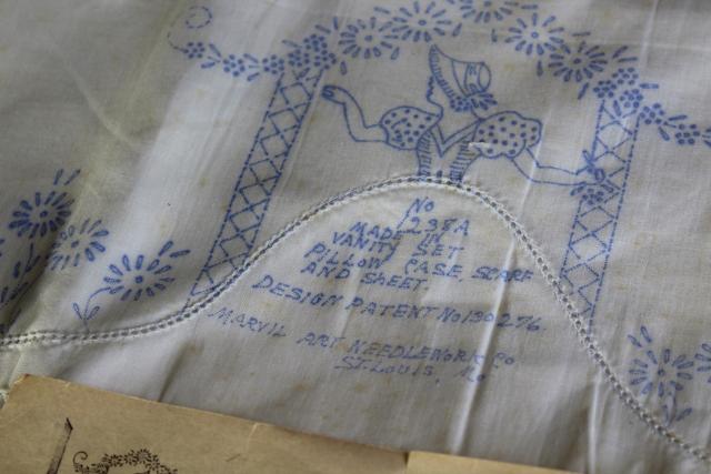 vintage cotton pillowcases stamped for embroidery, girl in arbor & cats novelty designs