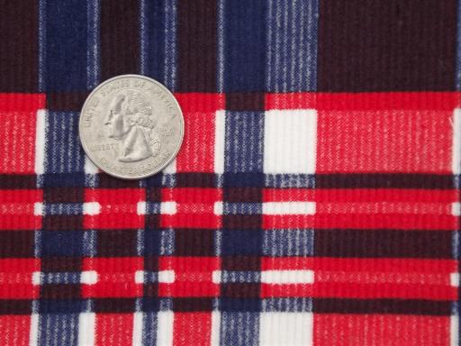 vintage cotton pin cord fabric, red & blue plaid print corduroy fabric