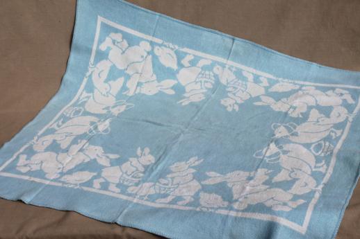vintage cotton plush baby blanket, reversible bunnies & ducks in blue & white