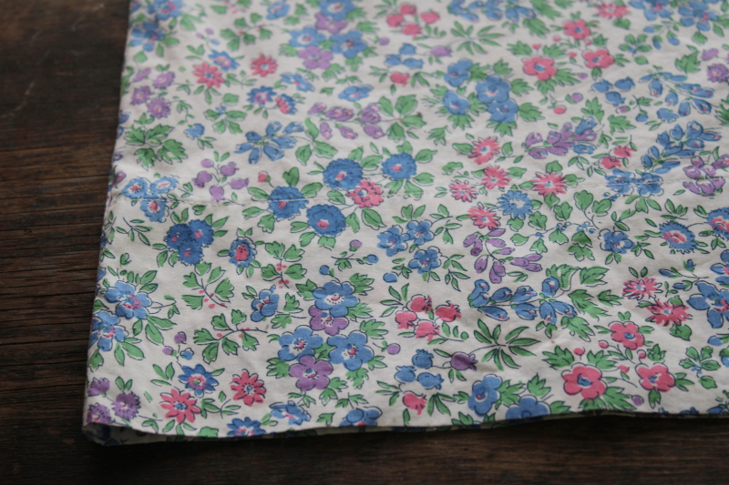 vintage cotton print fabric, unused handmade pillowcase, cottage flowers in blue pink lavender
