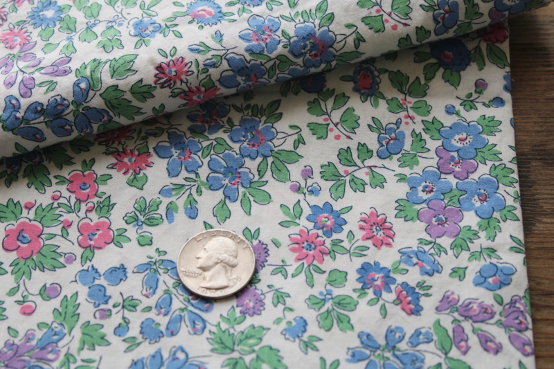 vintage cotton print fabric, unused handmade pillowcase, cottage flowers in blue pink lavender
