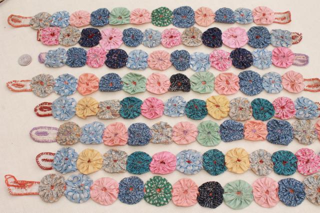 vintage cotton print fabric yo yo flowers, button quilt yoyo ribbons for garlands or upcycling