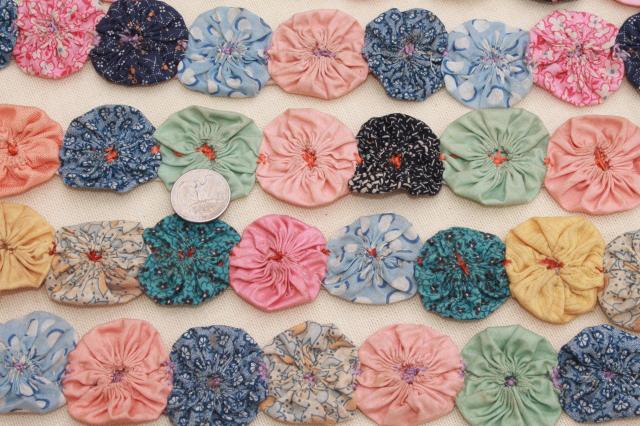 vintage cotton print fabric yo yo flowers, button quilt yoyo ribbons for garlands or upcycling