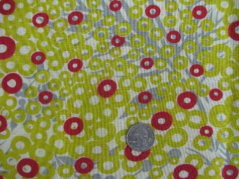 vintage cotton print feed sack fabric, mod chartreuse dots, grey leaves