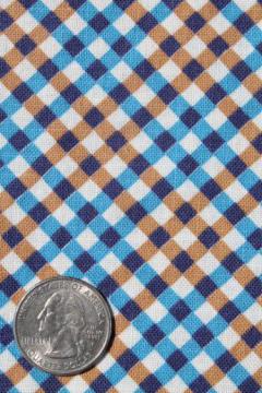 vintage cotton print feedsack fabric, blue & brown gingham plaid feed sack