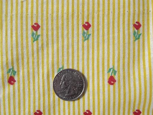 vintage cotton print feedsack fabric, yellow stripe w/ red & green tulips