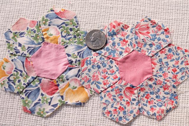 vintage cotton print patchwork quilt blocks, Grandma's flower garden motifs