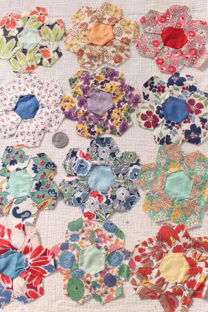 vintage cotton print patchwork quilt blocks, Grandma's flower garden motifs
