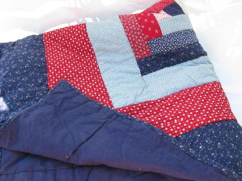 vintage cotton quilt comforter, log cabin patchwork in red and navy blue