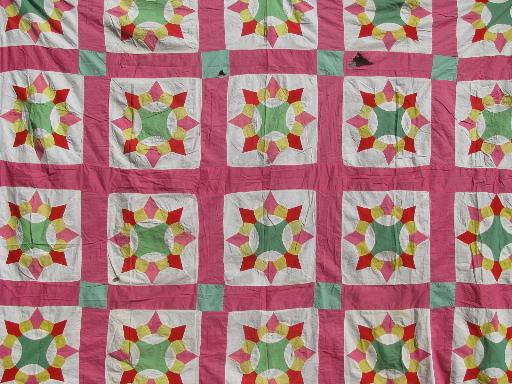 vintage cotton quilt top, old hand-stitched compass pointed star blocks