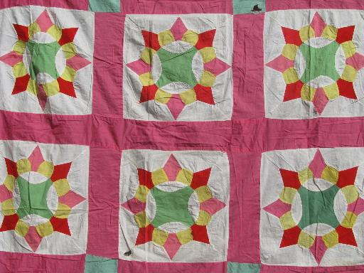 vintage cotton quilt top, old hand-stitched compass pointed star blocks