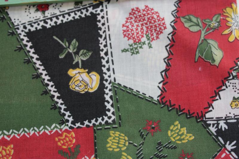 vintage cotton quilting fabric, crazy quilt embroidery stitching patchwork print 