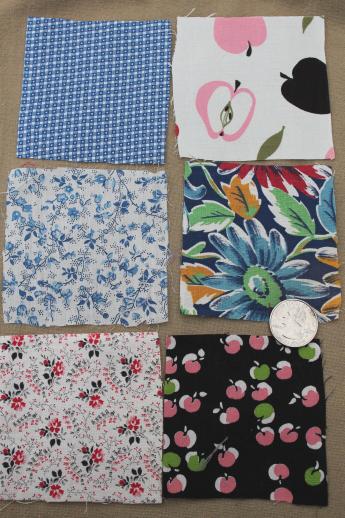 vintage cotton quilting print fabric, charm squares quilt blocks lot 50s 60s prints 