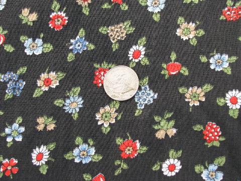 vintage cotton quilting weight fabric, flowered calico print on black