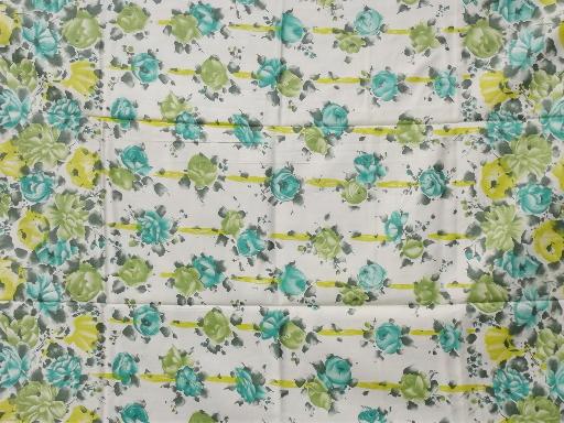 vintage cotton sateen fabric, aqua / yellow roses and ribbons floral print