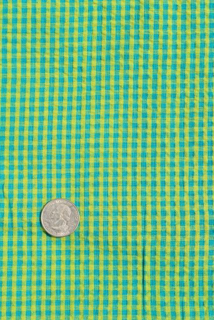 vintage cotton seersucker fabric, gingham check lime green & aqua blue