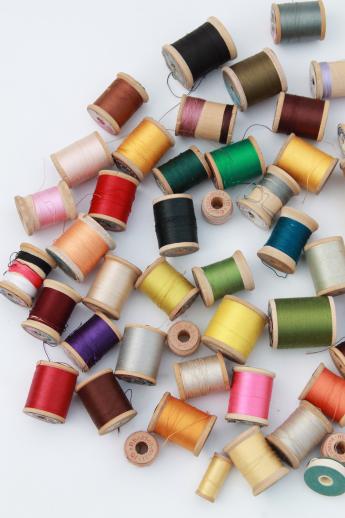 vintage cotton sewing thread lot, 80 wood spools with a rainbow of threads