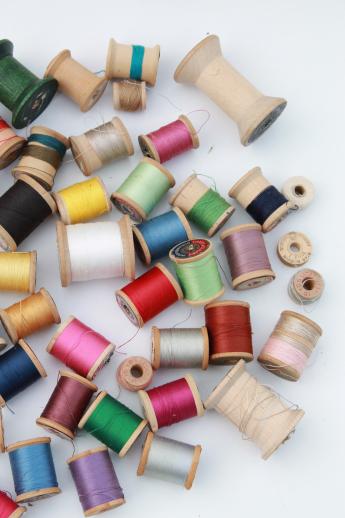 vintage cotton sewing thread lot, 80 wood spools with a rainbow of threads