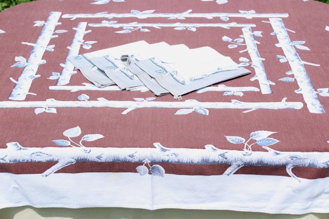 vintage cotton tablecloth, rustic woodland birch log print table cloth for camp or cabin 