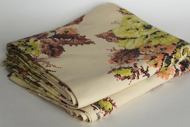 vintage cotton upholstery fabric, cross stitch print floral brown, blush pink, lime green
