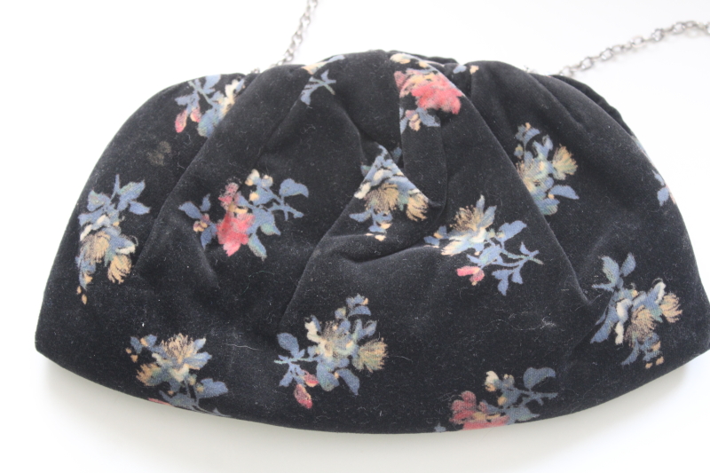vintage cotton velvet evening bag, long chain strap clutch purse, floral print black velveteen