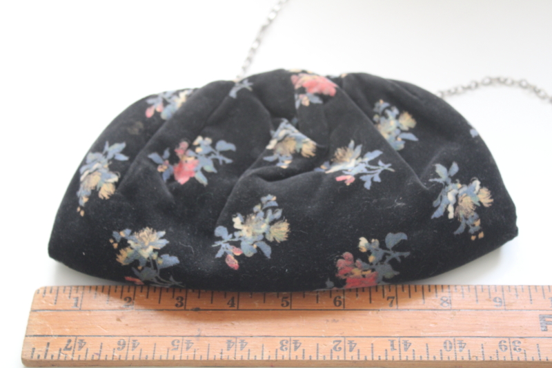 vintage cotton velvet evening bag, long chain strap clutch purse, floral print black velveteen