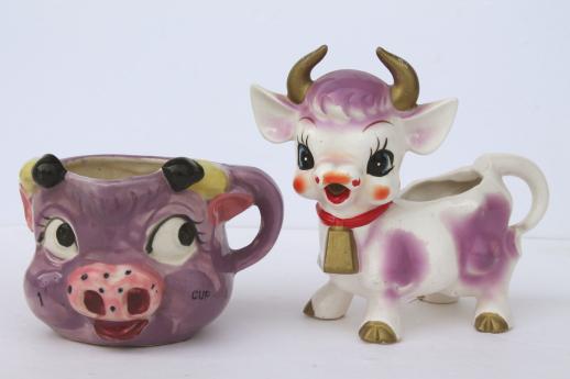 vintage cow creamers, salt & pepper shakers - cow collection pink & purple cows!