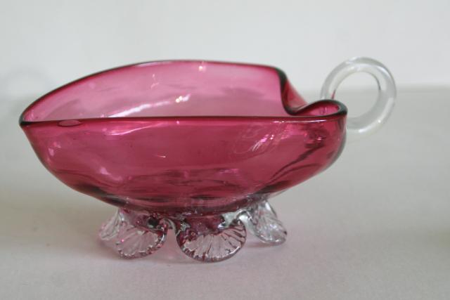 vintage cranberry glass, hand blown glass heart shape bowl nappy w/ clear glass feet