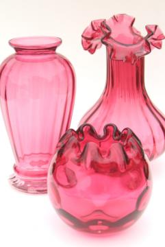 vintage cranberry glass trio of vases, instant collection flower vase grouping