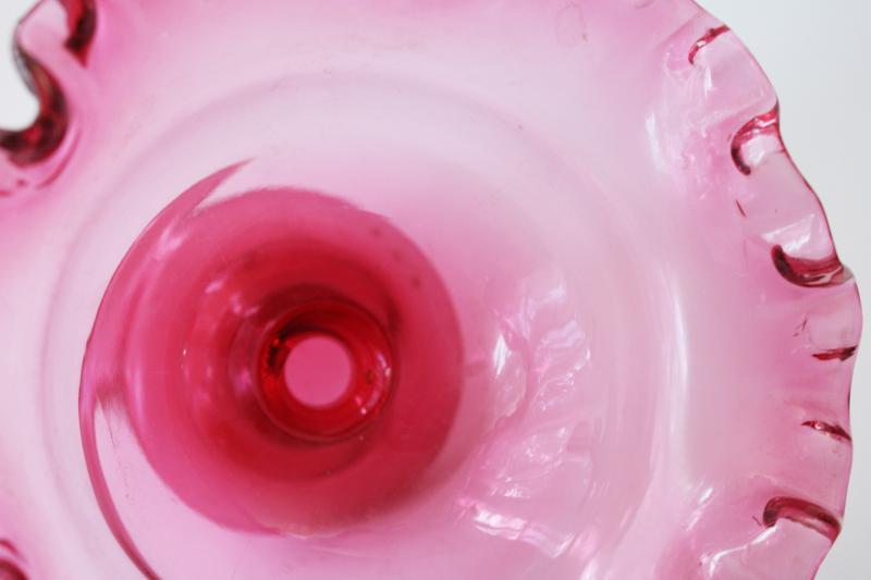vintage cranberry glass vase, crimped bowl compote shape w/ hollow stem<