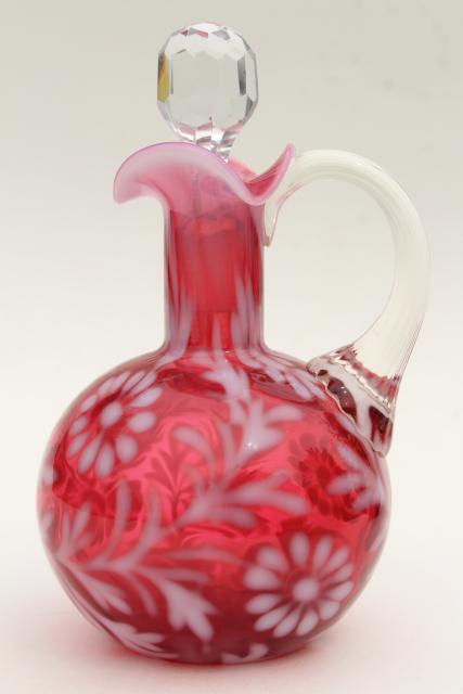 vintage cranberry opalescent daisy and fern pattern cruet pitcher