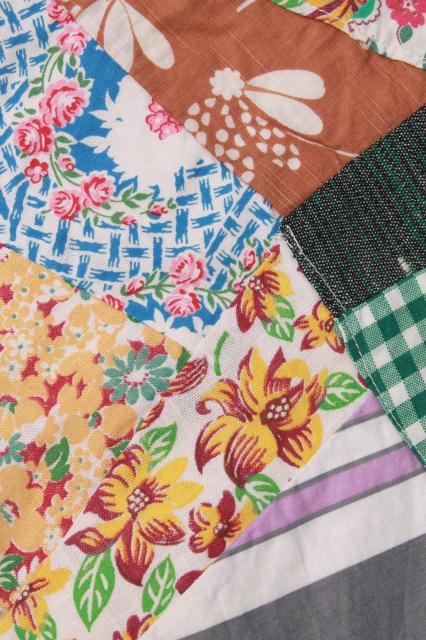 vintage crazy quilt w/ all cotton prints, fun cottage style bohemian retro bed cover